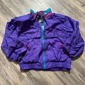 R.E. Sport Rivers Edge Windbreaker Bomber Jacket 80's Retro Purple Teal Large